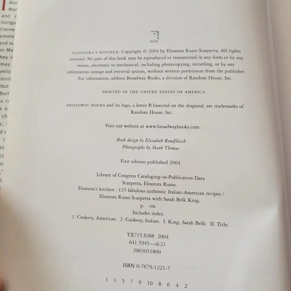 Eleanora's Kitchen Cookbook Italian American Recipes Hardcover First Edition‎